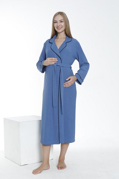 Miss Dünya Lissa Long Wrap Fabric Dressing Gown for Pregnant and Maternity - Collar and Sleeve Stripe Detailed