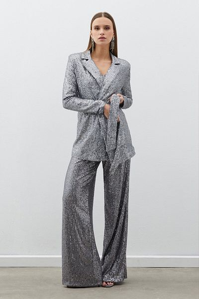 Sateen Jachetă cu curea cu paiete SILVER