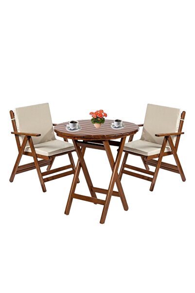Bahçeme Antalya Ahşap Bahçe Balkon Takımı: 60 Cm Yuvarlak Masa + 2 Minderli S...