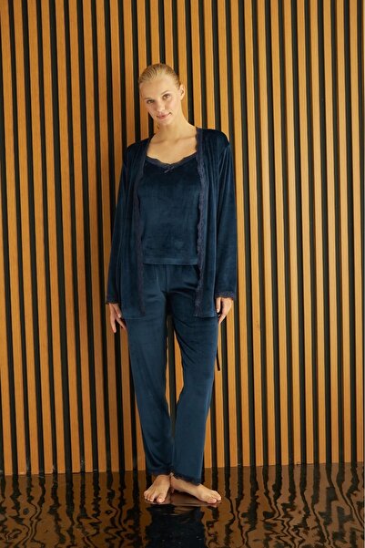 Pijamoni PİJAMONİ KADİFE 3 LÜ ASKILI KADIN PİJAMATAKIMI 5545 - LACİVERT