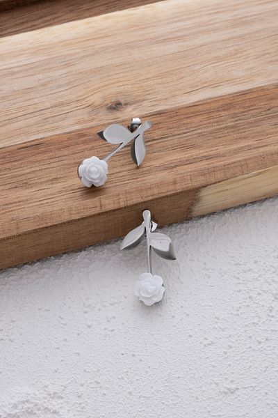 ByFlorya Jewelry White Jewelled Rose Earrings - Steel Leaves, Tarnish Stainless Plate, 2.6cm