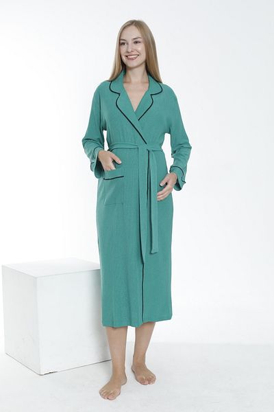 Miss Dünya Lissa Long Wrap Fabric Dressing Gown for Pregnant and Maternity - Collar and Sleeve Stripe Detailed