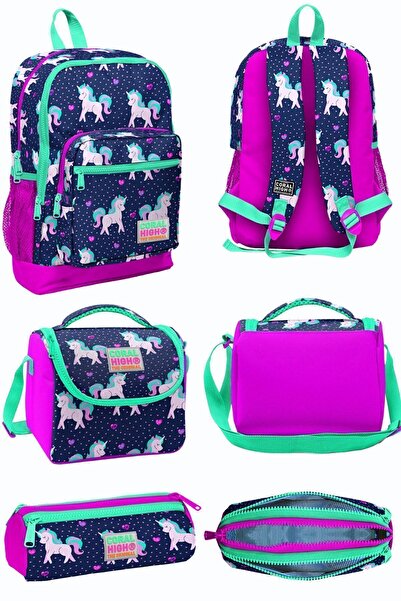 Coral High Синьо-рожевий рюкзак для школи з чотирма відділеннями, з малюнком єдинорога, сумка для ланчу, пенал