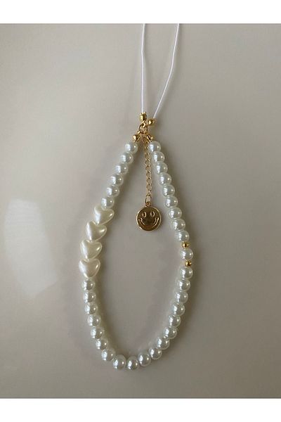 Stoneday White Heart Pearl Gold Smiling Face Detailed Hanging Pearl Phone Charm Lanyard Strap
