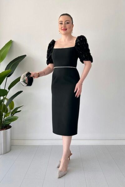 ELEGANZA فستان بتصميم مزين باللؤلؤ الأسود