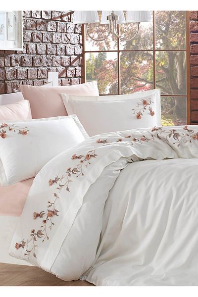 Dantela Anetta Double 3D Embroidered Duvet Cover Set - Cream/Powder