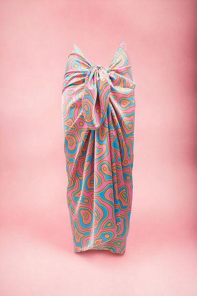 pistore New Season - Pink Turquoise Geometric Patterned Satin Women's Beach Dress