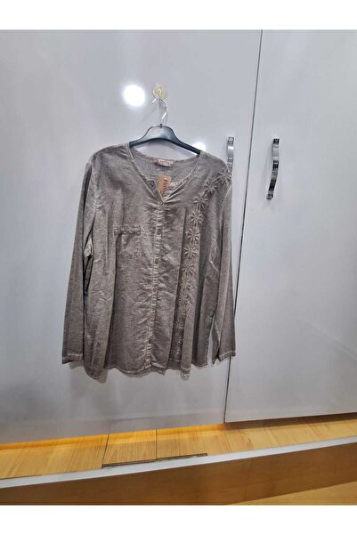 NUR TEKSTİL Kadın bej %100 Pamuk Şilebezi papatya desenli uzun kol gömlek