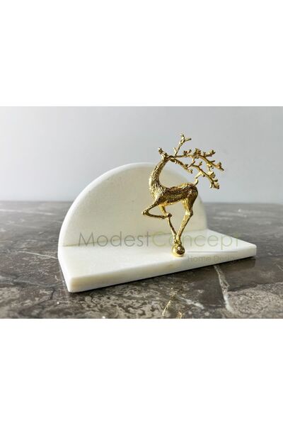 Modestmar Doğal Beyaz Mermer Peçetelik Gold Geyik Objeli Yarım Daire