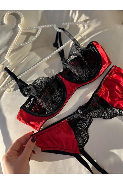 KIRMIZI DANTELLİ SEKSİ JARTİYER SET