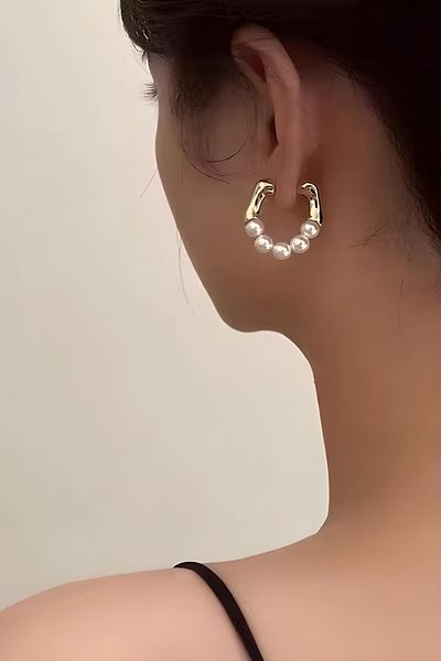 ELMATOLYE Gold Steel Minimalist Women's Earrings with Pearls - Special Design Hoop