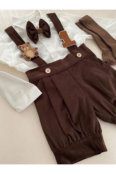 tubibebe Winter Teddy Bear Concept Shorts, Salopet + Shirt + Bow Tie + Socks