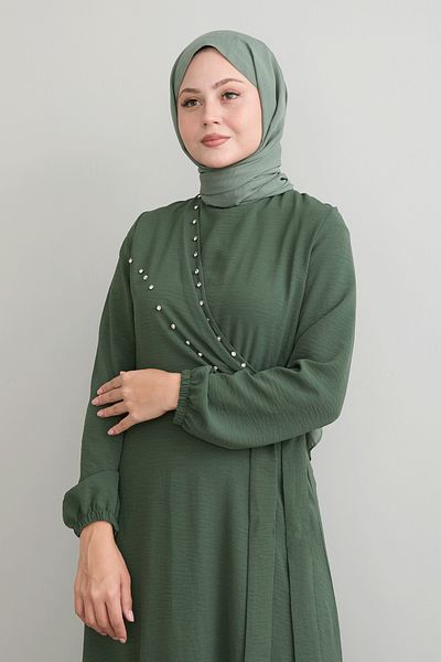 InStyle Φόρεμα Khaki Ayrobin - Μπροστά με πέρλα και δέσιμο