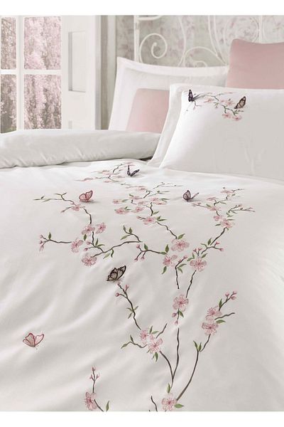 Dantela Cream/Powder Butterfly 3D Embroidered Cotton Satin Duvet Cover Set