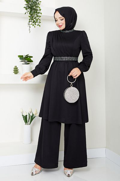 ModaMerve طقم حجاب أسود - تفاصيل حجرية، 280DVL897-M