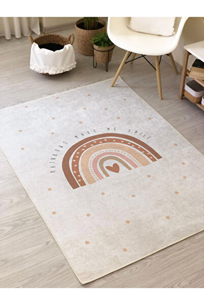 Evmila Kahverengi Gökkuşağı Desenli Baskılı 7mm Kalınlıkta Çocuk Halısı