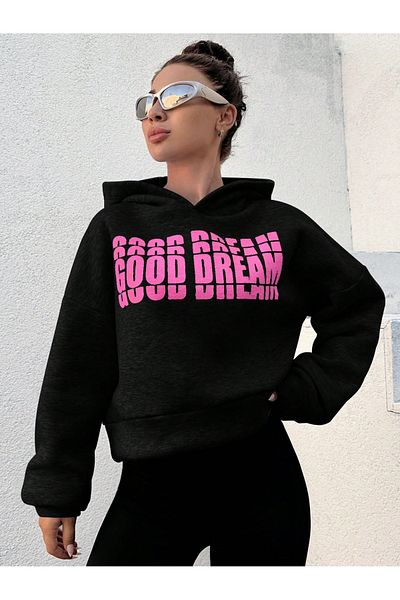 only moon Black Hooded Printed Women's Sweatshirt - Crop