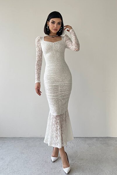 WOMAN VISION Bílé midi šaty – krajková tkanina, přední design s řasením a průhledné rukávy 215