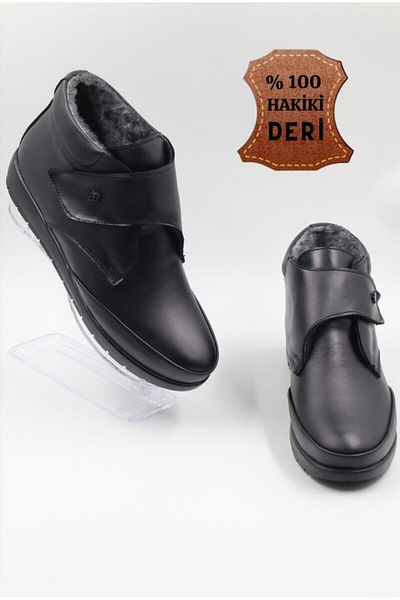 nazenintasarımlar Schwarze Mutterstiefel aus echtem Leder – orthopädische, rutschfeste Sohle, kältebeständige, pelzige Innenoberfläche