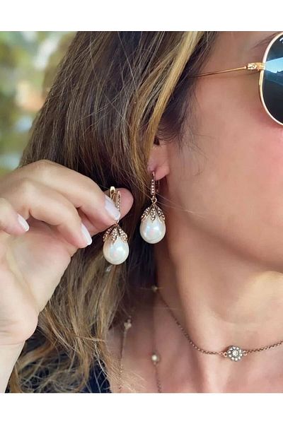 TMD AKSESUAR Drop Pearl Collar Necklace and Earrings