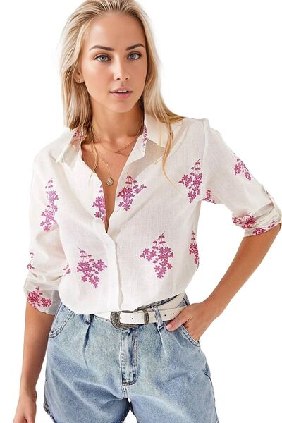 Cassime Bílá lněná košile - růžový květinový vzor, skládané rukávy, zapínání na knoflíky