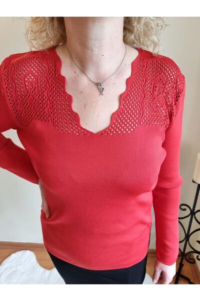 T Guel Kadın Kırmızı Yakası Dantelli V Yaka Full Esnek Triko Kazak