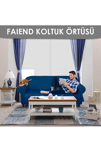 Faiend Husa pentru canapea Chester cu 3 locuri elastica albastra - Husa fotoliu