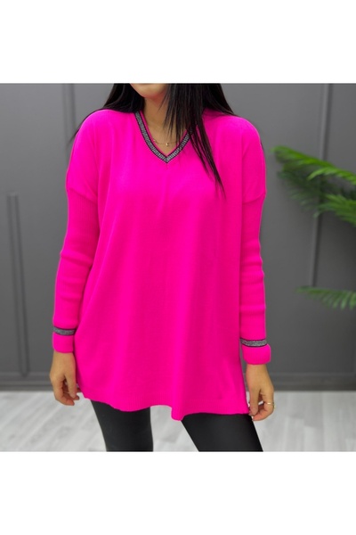 T Guel Women's Pink V-Neck Glitter Detailed Long Sleeve Knitwear Sweater