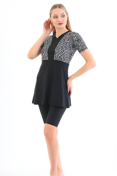 Emayo Half Closed Short Sleeve Tights Swimsuit Nile Black White