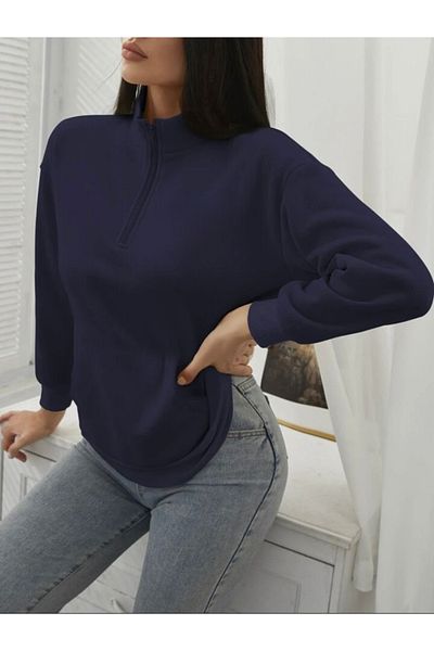 Josette Χειμερινό φούτερ με μισό φερμουάρ - Μπλε Navy Oversize Stand γιακάς