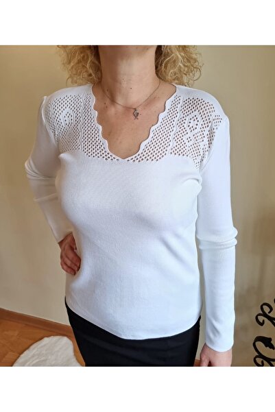 T Guel Women's White Lace Collar V-Neck Full Stretchy Knitwear Sweater
