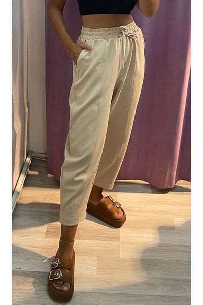 T Guel Kadın Krem Rengi Beli Lastikli Şalvar Pantolon