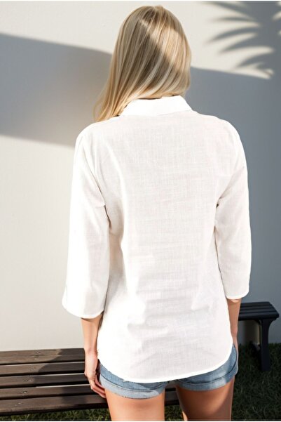 Cassime Cămașă lungă de in alb - solidă, cu mâneci pliate și guler cu nasturi