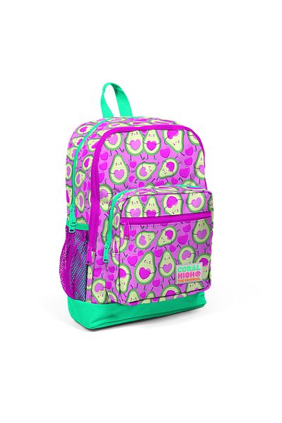 Coral Primary School Bag - Pink, Aqua Green Avocado Pattern, Four Compartments - 23709
