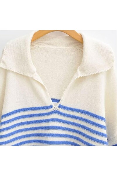 ARDSU Kadın Yun Kazak ,Kadın Büyük Beden Çizgili V Yaka Uzun Kollu Kazak (Renk: Mavi, )