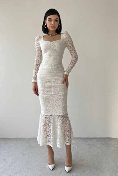WOMAN VISION Bílé midi šaty – krajková tkanina, přední design s řasením a průhledné rukávy 215