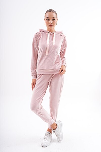 WestBound Soft Velvet Stoned Women's Tracksuit Set - Pudra