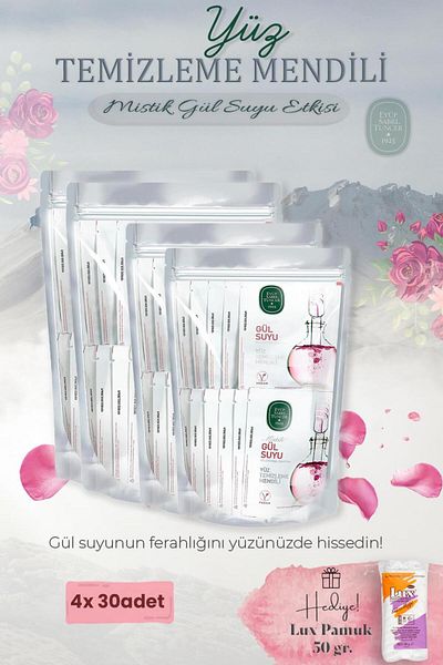 Eyüp Sabri Tuncer Mystic Rose Water 120 Pack Facial Cleansing Wipes and Cotton Gift