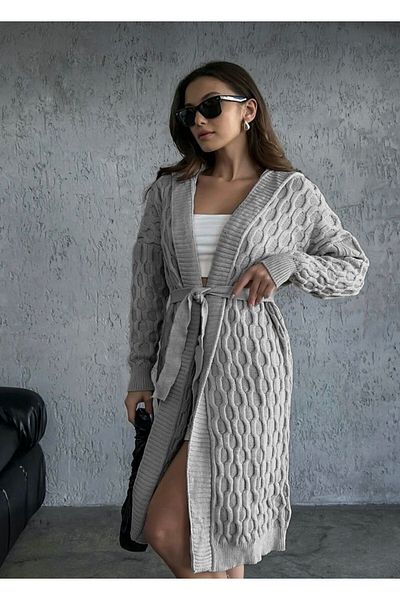 Nosia Gray Colored - Hooded and Belted Patterned Long Knitwear Cardigan (Standard Size)