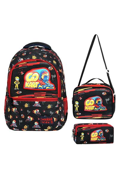 Waddell Set de genți de școală primară Waddellbag Go Kart negru și roșu pentru băiat
