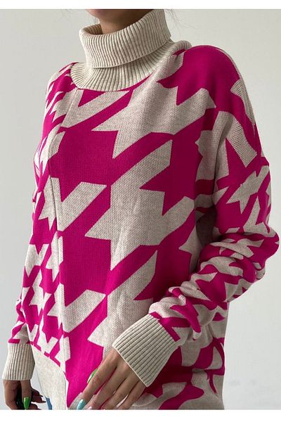 WOMAN VISION Pulover de tricotaj supradimensionat cu model geometric cu gât - 193