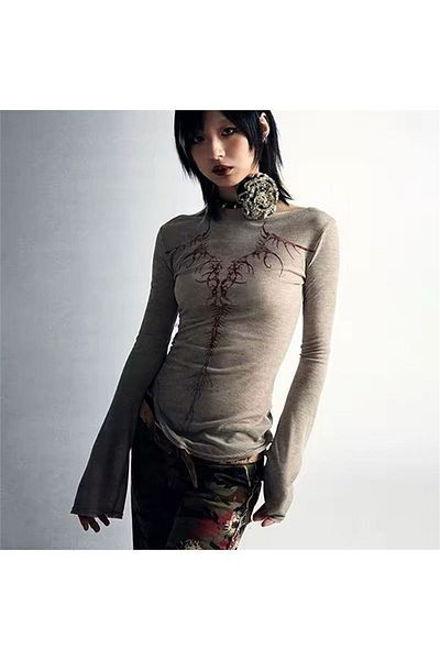 Karakedi Red Beige Gothic Punk Long Sleeve Back Printed Body