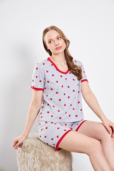CrazyShopping Red Cotton Knitted - Women's Pajama Set with Heart Shorts