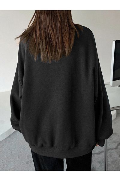 SeusCraft Hanorac gros de iarnă Sociology Oversize - Imprimat negru, gât crew înălțat
