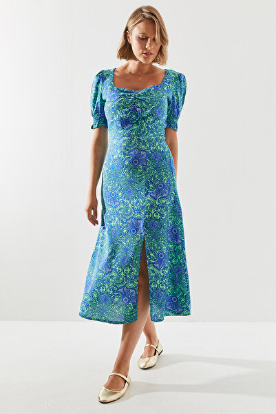 Bianco Lucci Rochie de damă din viscoză cu imprimeu - Guler pătrat și detaliu cu fantă 5805 60251774