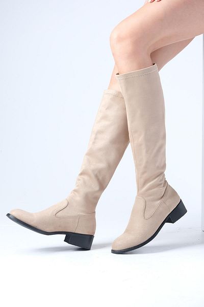 Mio Gusto Brooklyn Beigefarbene Damen-Stretchstiefel aus Wildleder unterhalb des Knies
