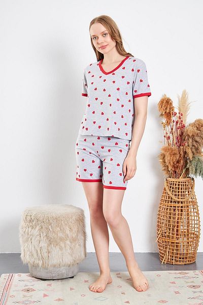 CrazyShopping Red Cotton Knitted - Women's Pajama Set with Heart Shorts