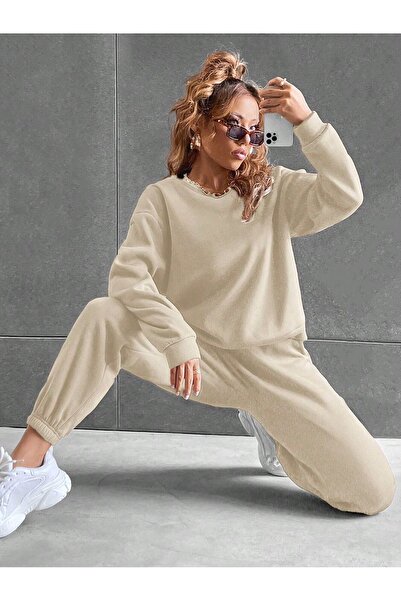 SeusCraft Basic Kalın Kışlık Sweatshirt Eşofman Altı Jogger Bej Alt Üst Eşofm...