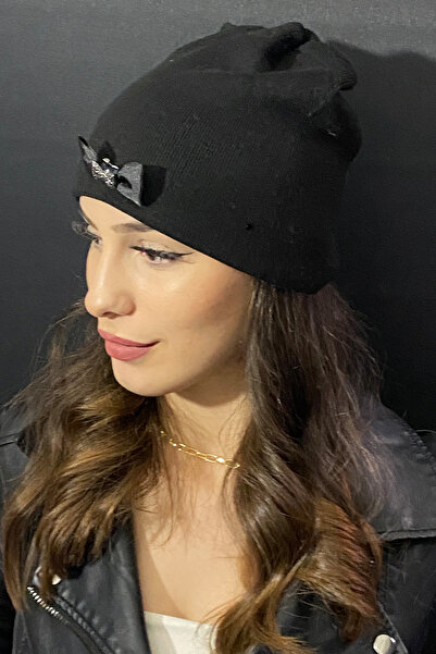 Bay Şapkacı Kadın Fiyonklu Bere Siyah 7219