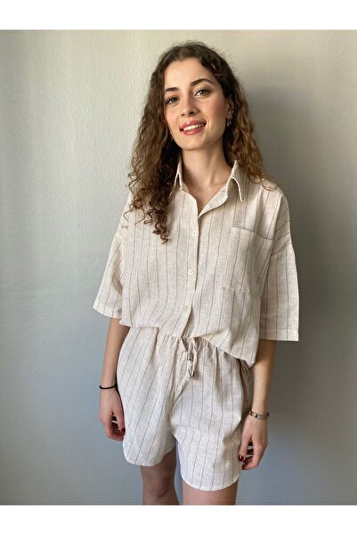 Niceboutique Shirt Shorts Double Linen Set Beige